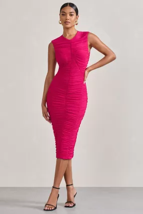 Alight | Fuchsia Pink Ruched Mesh Sleeveless Bodycon Midi Dress