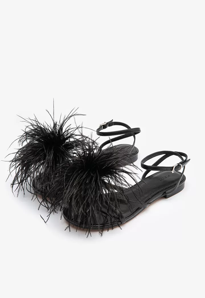 Dot Feather Trimmed Flat Sandals