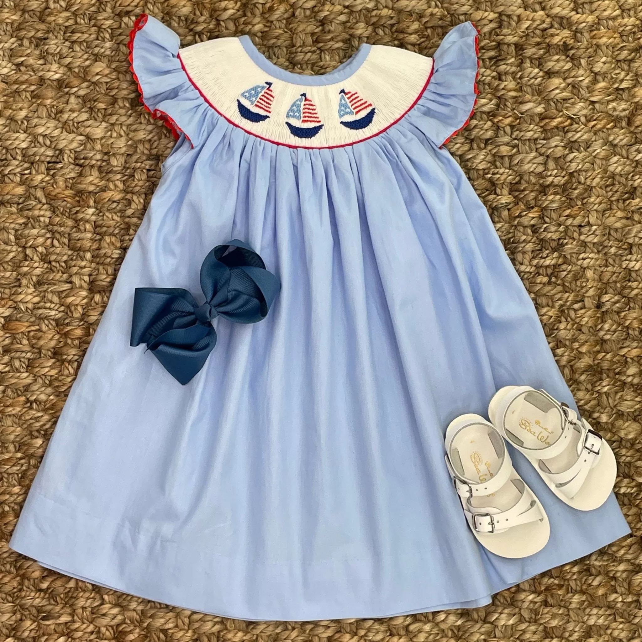 Flag Sailboat Smocked Bishop Dress