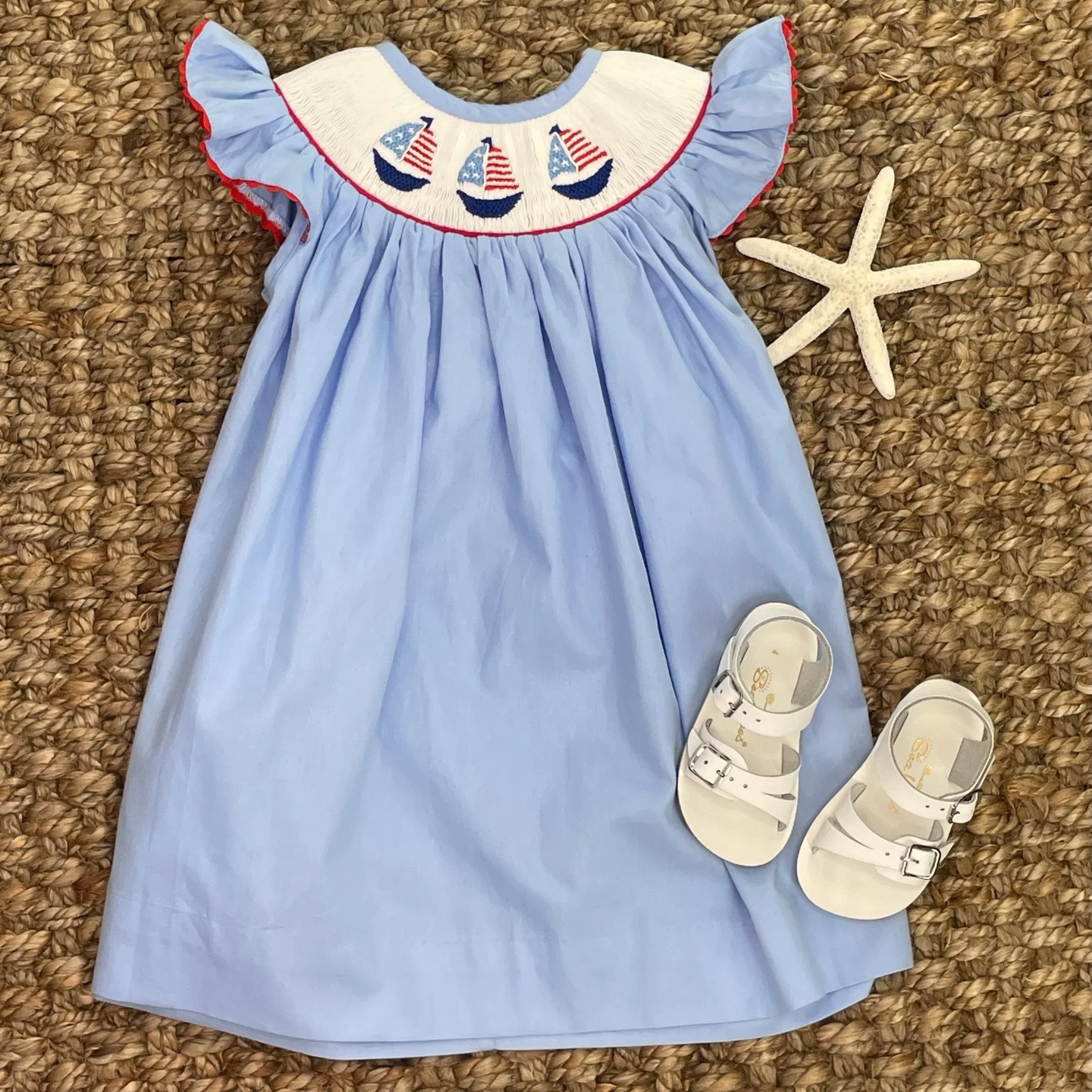 Flag Sailboat Smocked Bishop Dress