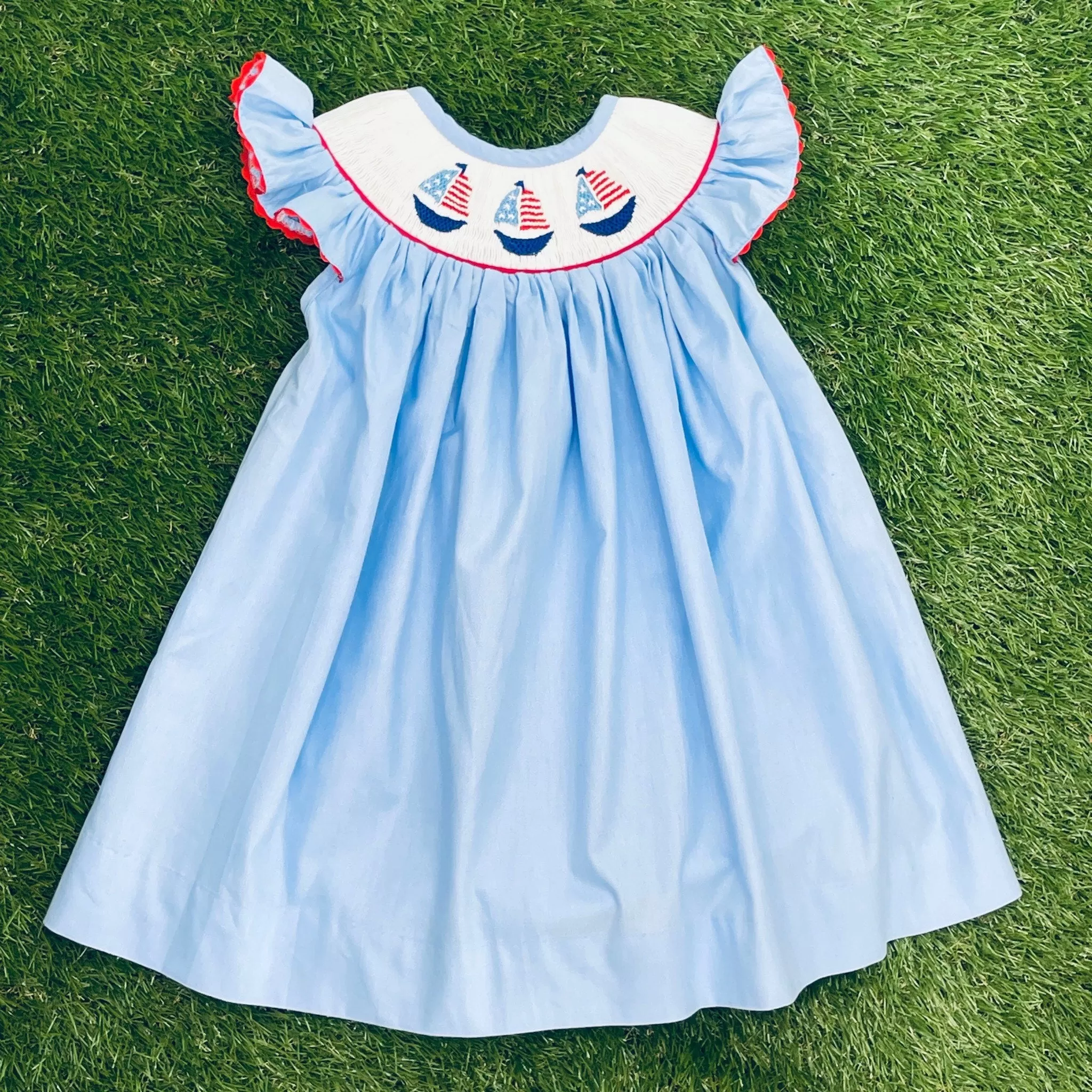 Flag Sailboat Smocked Bishop Dress