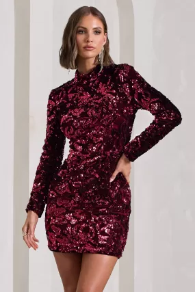 My Light | Berry Sequin High-Neck Long-Sleeve Bodycon Mini Dress