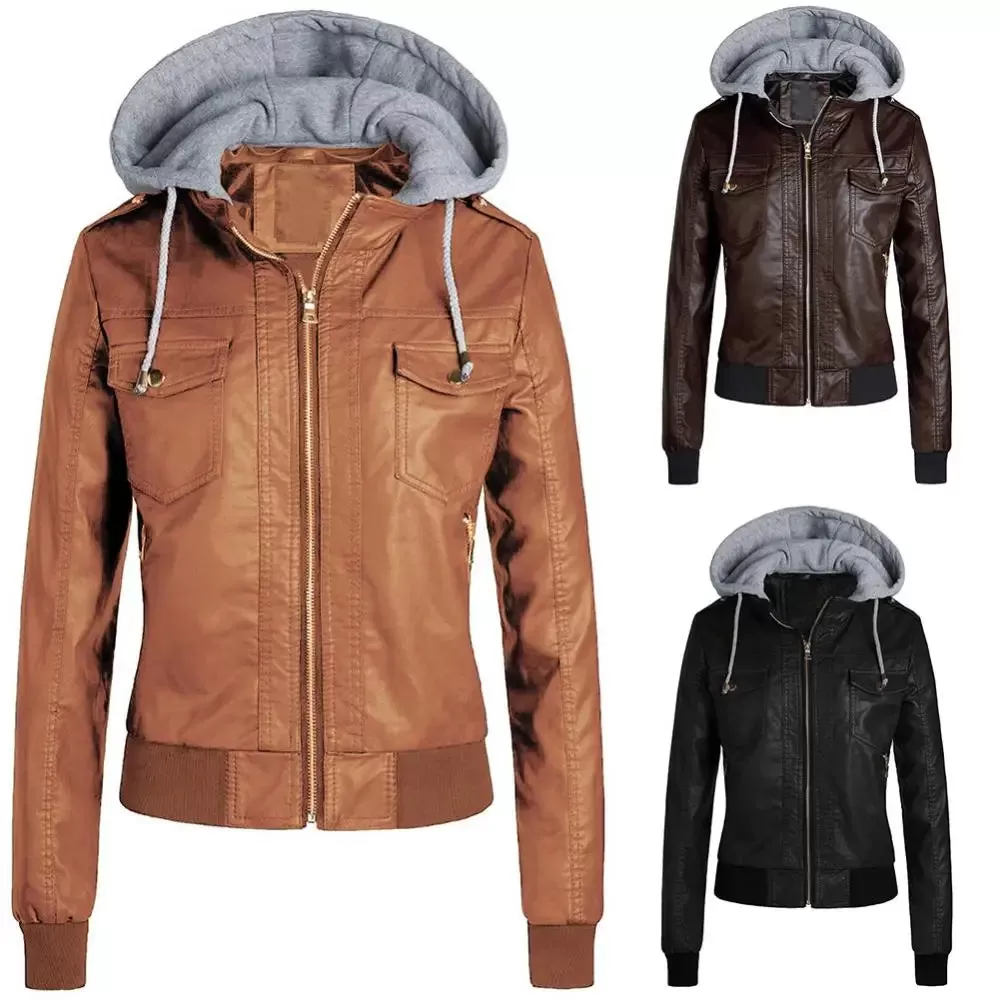 Women Autumn Winter Pure Leather Drawstring Hooded Thickened Short Zip Jacket Ladies Down Coat